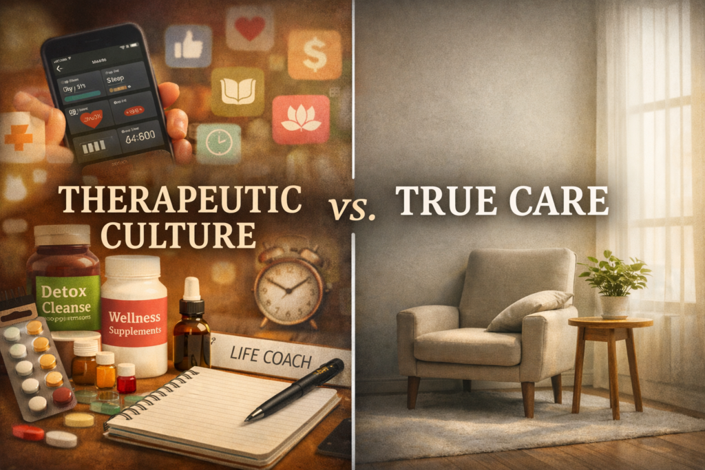 Therapeutic Culture and Biblical Care: Why Discernment Matters for Christian Women 3 Split-screen graphic showing wellness apps, supplements, and detox products contrasted with a calm room and chair, with the text “Therapeutic Culture vs. True Care.