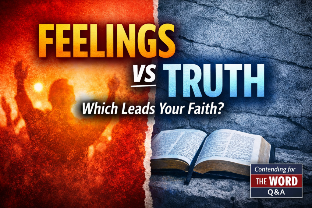 Bold split-screen Christian podcast thumbnail with warm worship silhouette on the left and an open Bible on a stone background on the right, featuring the title “FEELINGS vs TRUTH — Which Leads Your Faith?” for Contending for the Word Q&A.