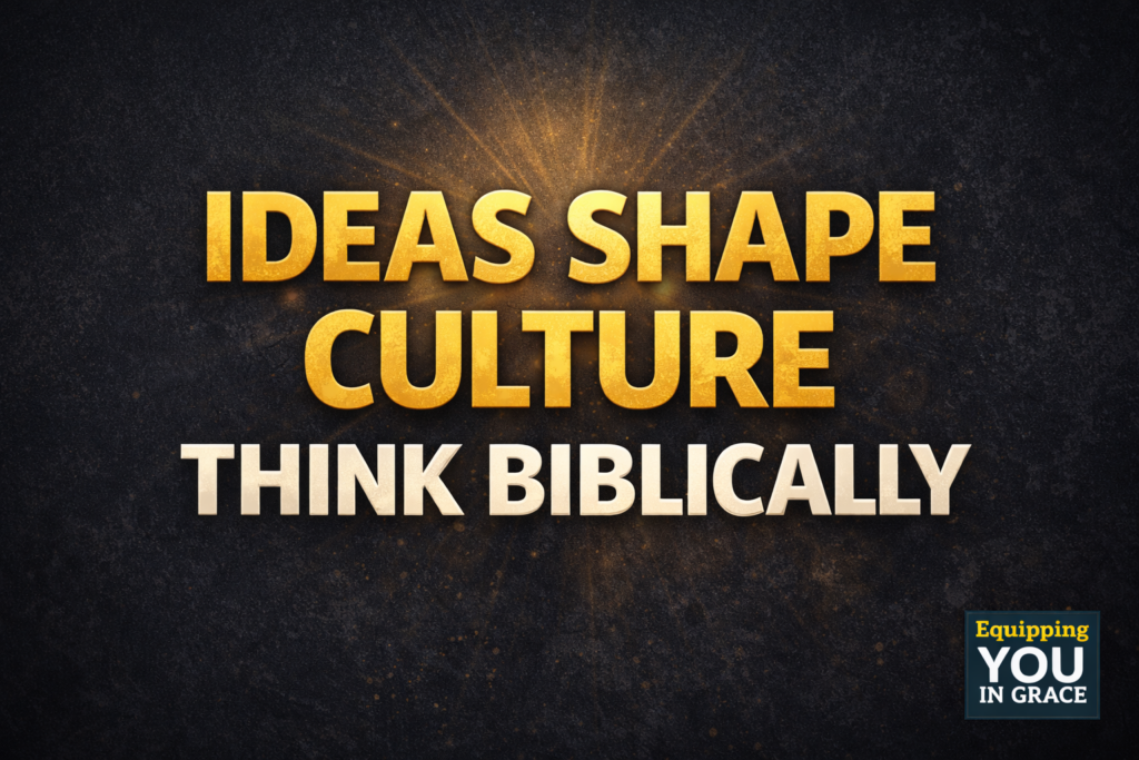 Bold YouTube thumbnail with a dark charcoal textured background, large gold and white text reading “IDEAS SHAPE CULTURE — THINK BIBLICALLY,” a subtle light burst behind the headline, and a small “Equipping You in Grace” badge in the corner.