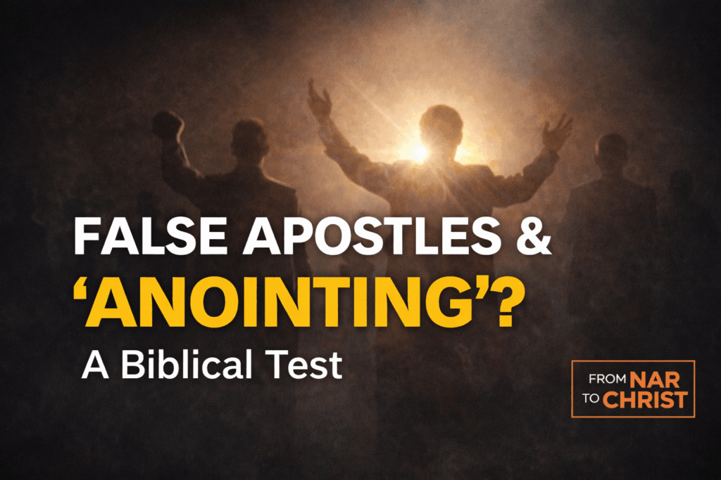False Apostles and “Anointing” biblical discernment thumbnail featuring silhouetted figures under bright backlight, bold title text, and From NAR to Christ branding on a dark background.