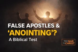 False Apostles and “Anointing” biblical discernment thumbnail featuring silhouetted figures under bright backlight, bold title text, and From NAR to Christ branding on a dark background.