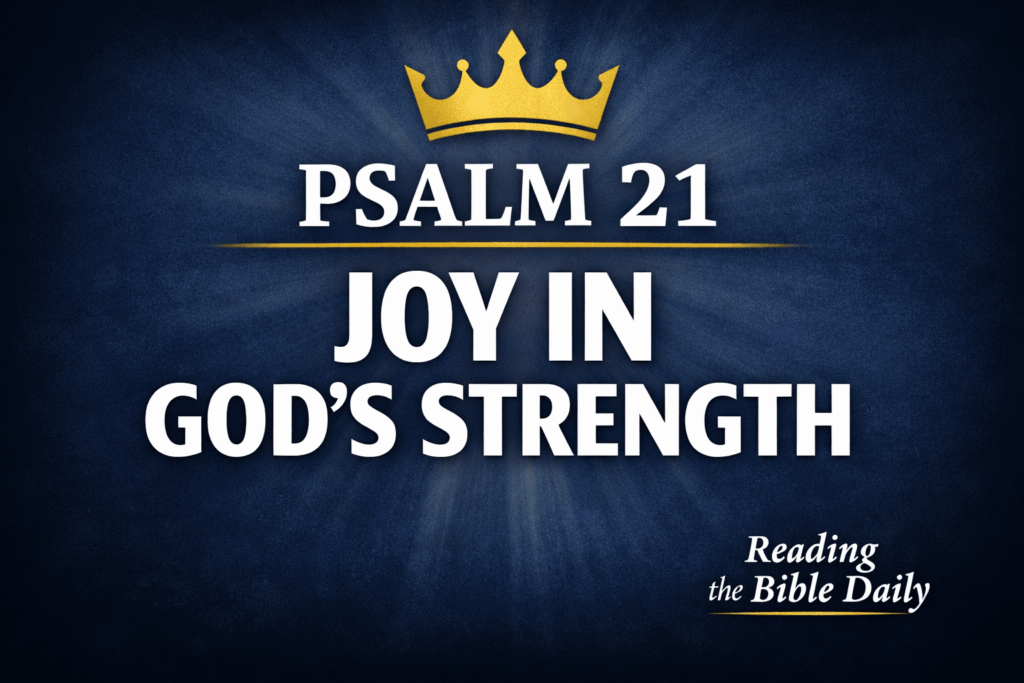Bible study video thumbnail for Psalm 21 with a dark navy background, a gold crown icon above the title, and bold white text reading “Psalm 21 — Joy in God’s Strength,” with “Reading the Bible Daily” branding in the lower corner.