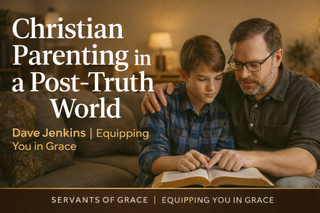 Christian Parenting in a Post-Truth Culture, Discipleship at Home According to God’s Design 1 Father and teenage son sitting on a couch reading an open Bible together, with the title “Christian Parenting in a Post-Truth World” and Servants of Grace branding, representing biblical discipleship in the home.