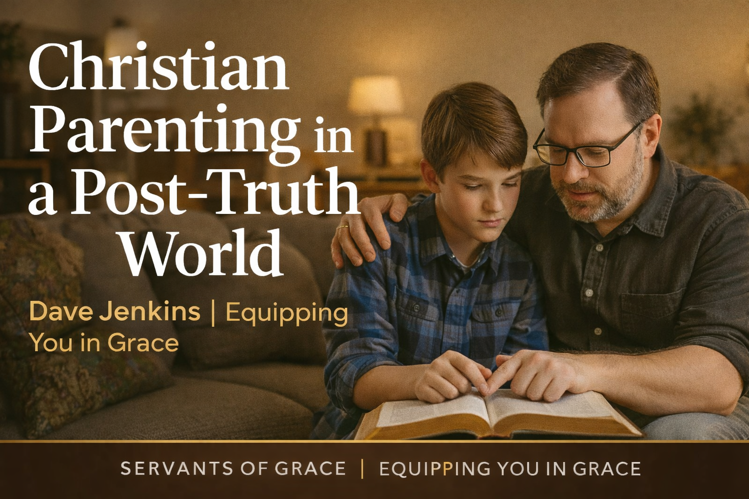 Father and teenage son sitting on a couch reading an open Bible together, with the title “Christian Parenting in a Post-Truth World” and Servants of Grace branding, representing biblical discipleship in the home.