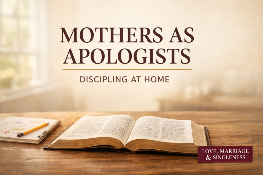 Mothers as Everyday Apologists: Discipling the Next Generation in Truth 6 Thumbnail image for “Why Mothers Should Be Apologists in the Home” featuring an open Bible on a wooden table with a child’s notebook and pencil nearby, warm natural light in the background, and the text “Mothers as Apologists – Discipling at Home,” with a Love, Marriage & Singleness series badge in the corner.