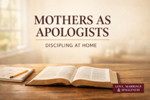 Thumbnail image for “Why Mothers Should Be Apologists in the Home” featuring an open Bible on a wooden table with a child’s notebook and pencil nearby, warm natural light in the background, and the text “Mothers as Apologists – Discipling at Home,” with a Love, Marriage & Singleness series badge in the corner.