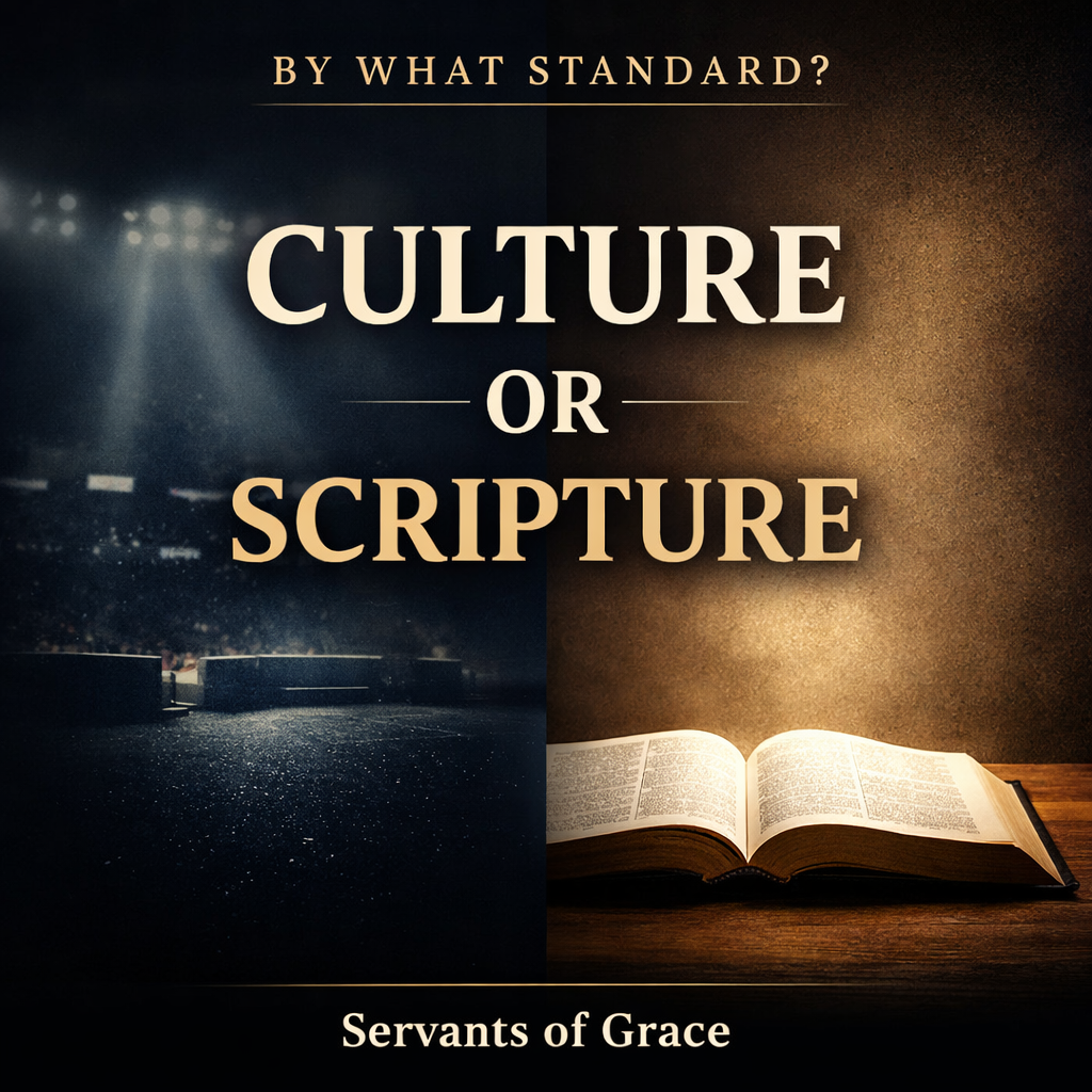 Thumbnail showing a split image with a dark stadium stage on the left and an illuminated open Bible on the right, with bold text reading “By What Standard? Culture or Scripture – Servants of Grace.”