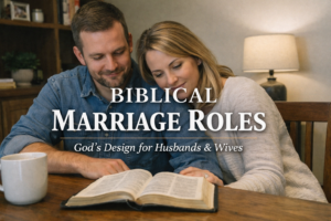 Thumbnail graphic with the text “Biblical Marriage Roles: God’s Design for Husbands & Wives” over a dark blue background and an open Bible glowing softly at the bottom.