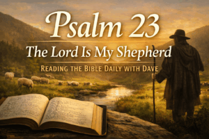 YouTube thumbnail for Reading the Bible Daily with Dave featuring Psalm 23, showing a shepherd overlooking sheep beside still waters at sunrise with an open Bible in the foreground and the text ‘Psalm 23 — The Lord Is My Shepherd.