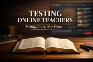 Open Bible on a wooden desk with warm directional lighting, blurred YouTube-style interface in the background, and bold overlay text reading “Testing Online Teachers” with the subtitle “Faithfulness, Not Fame” in gold accent.