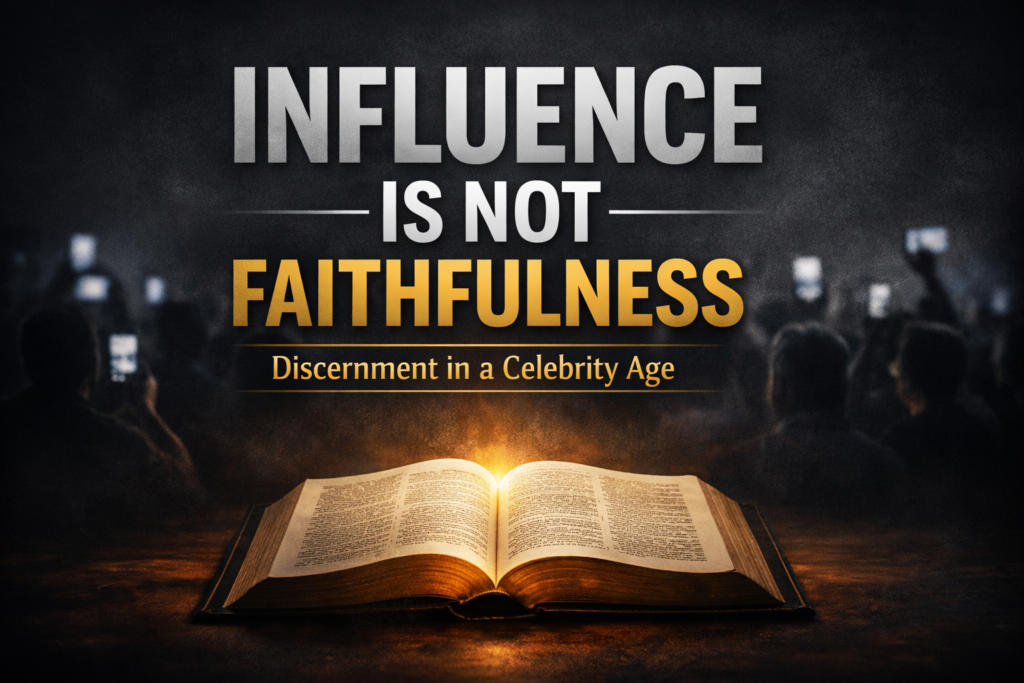 An open Bible illuminated with warm golden light in the foreground, with blurred silhouettes of people holding smartphones in the background, and bold text reading “Influence Is Not Faithfulness – Discernment in a Celebrity Age.