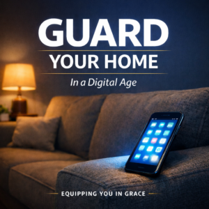 Thumbnail for an episode on discernment in the home, featuring a glowing smartphone on a couch in a warmly lit living room.