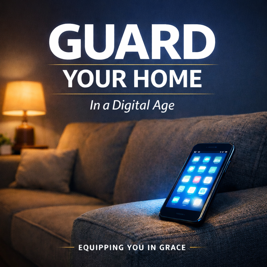 Thumbnail for an episode on discernment in the home, featuring a glowing smartphone on a couch in a warmly lit living room.