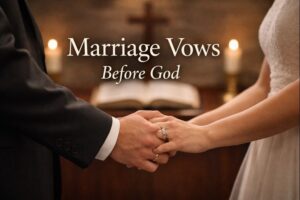 Christian couple holding hands during wedding vows in a church, symbolizing marriage vows made before God