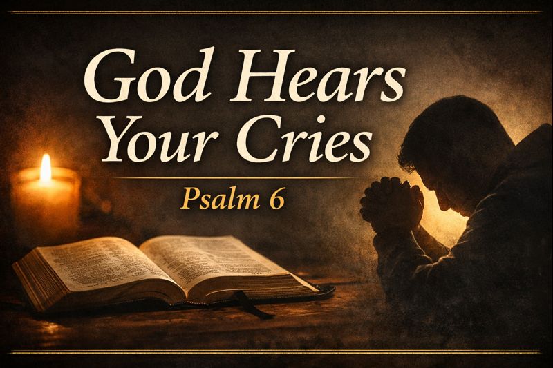 YouTube thumbnail for Reading the Bible Daily with Dave featuring the text “God Hears Your Cries – Psalm 6,” with an open Bible and lit candle on one side and a silhouetted person praying on the other, set in warm, low light to convey lament, prayer, and hope in God’s steadfast love.