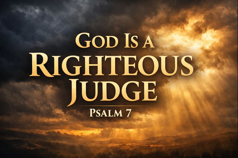 YouTube thumbnail for Reading the Bible Daily with Dave featuring dramatic storm clouds breaking into golden light with the text “God Is a Righteous Judge – Psalm 7,” symbolizing God’s justice and refuge.