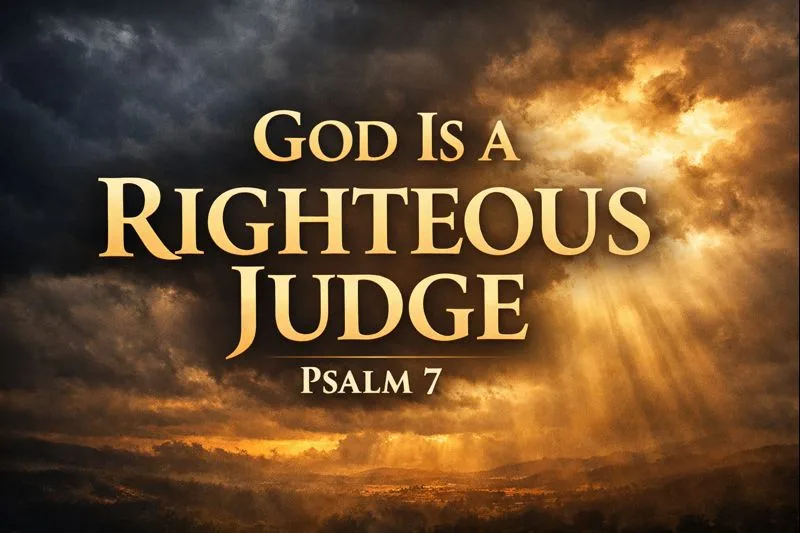 YouTube thumbnail for Reading the Bible Daily with Dave featuring dramatic storm clouds breaking into golden light with the text “God Is a Righteous Judge – Psalm 7,” symbolizing God’s justice and refuge.