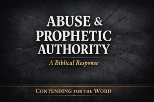 YouTube thumbnail for Contending for the Word podcast featuring the title “Abuse & Prophetic Authority: A Biblical Response” in bold white and gold text on a dark cracked background, with Contending for the Word branding at the bottom.