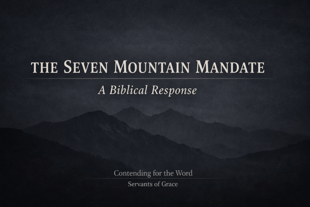 The Seven Mountain Mandate: A Biblical Response 1 Hero graphic for “The Seven Mountain Mandate: A Biblical Response” featuring a dark charcoal background with subtle mountain silhouette and clean serif typography, part of the Contending for the Word series on Servants of Grace.