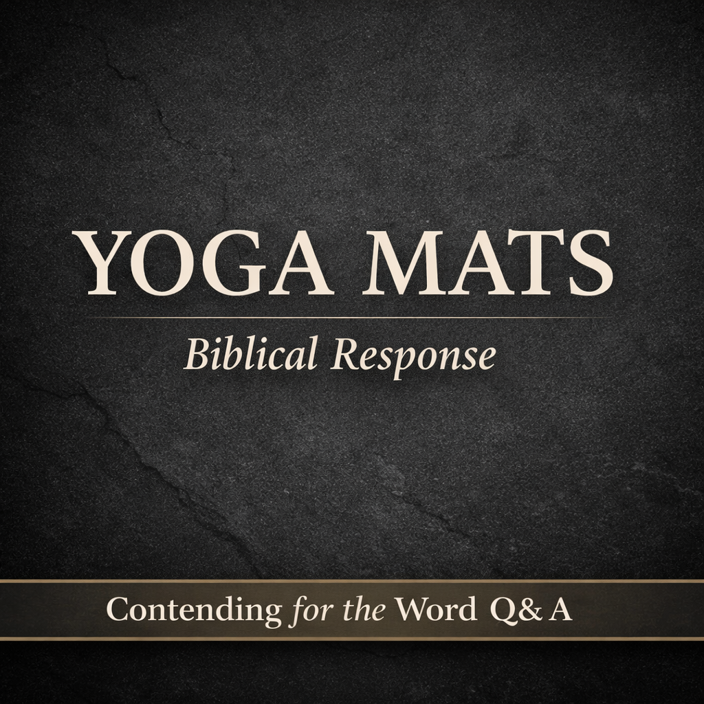 Thumbnail for Contending for the Word Q&A episode featuring cream-colored text reading “Discard Yoga Mats – Biblical Response” on a dark stone-textured background with a bottom banner labeled “Contending for the Word Q&A.”