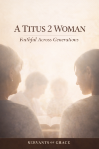 Three generations of women gathered around an open Bible in soft natural light with the title “A Titus 2 Woman: Faithful Across Generations” and Servants of Grace branding.