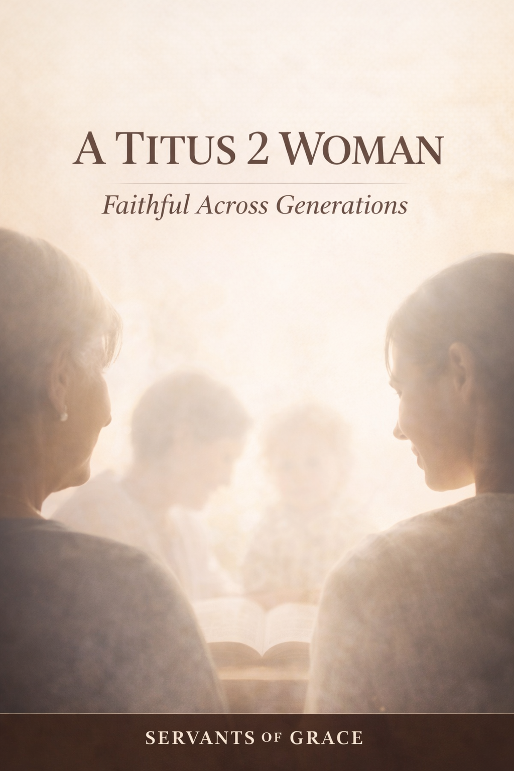 Three generations of women gathered around an open Bible in soft natural light with the title “A Titus 2 Woman: Faithful Across Generations” and Servants of Grace branding.