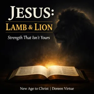 Christian podcast thumbnail featuring an open Bible glowing with warm light and a shadowed lion silhouette above it, with bold text reading ‘Jesus: Lamb & Lion,’ symbolizing Christ’s strength and authority