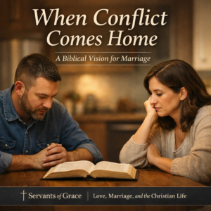 Christian husband and wife sitting at a kitchen table with an open Bible between them, serious but calm, with overlay text reading ‘When Conflict Comes Home: A Biblical Vision for Marriage’ and Servants of Grace branding.