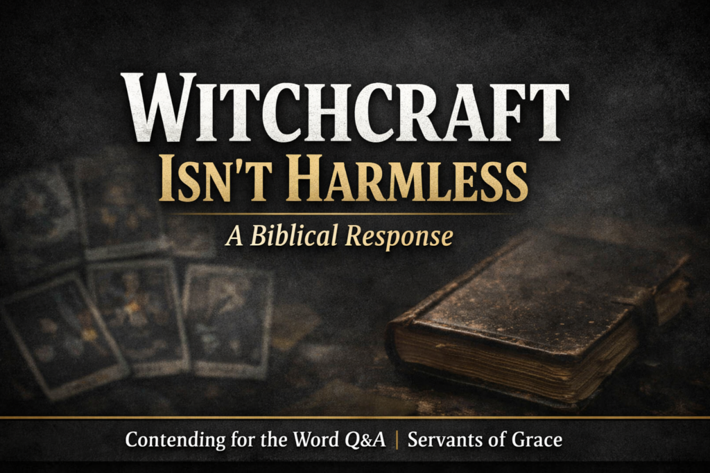 YouTube thumbnail with dark charcoal background and blurred tarot cards beside a closed spellbook. Large bold text reads ‘Witchcraft Isn’t Harmless’ with subtitle ‘A Biblical Response.’ Bottom banner says ‘Contending for the Word Q&A | Servants of Grace.
