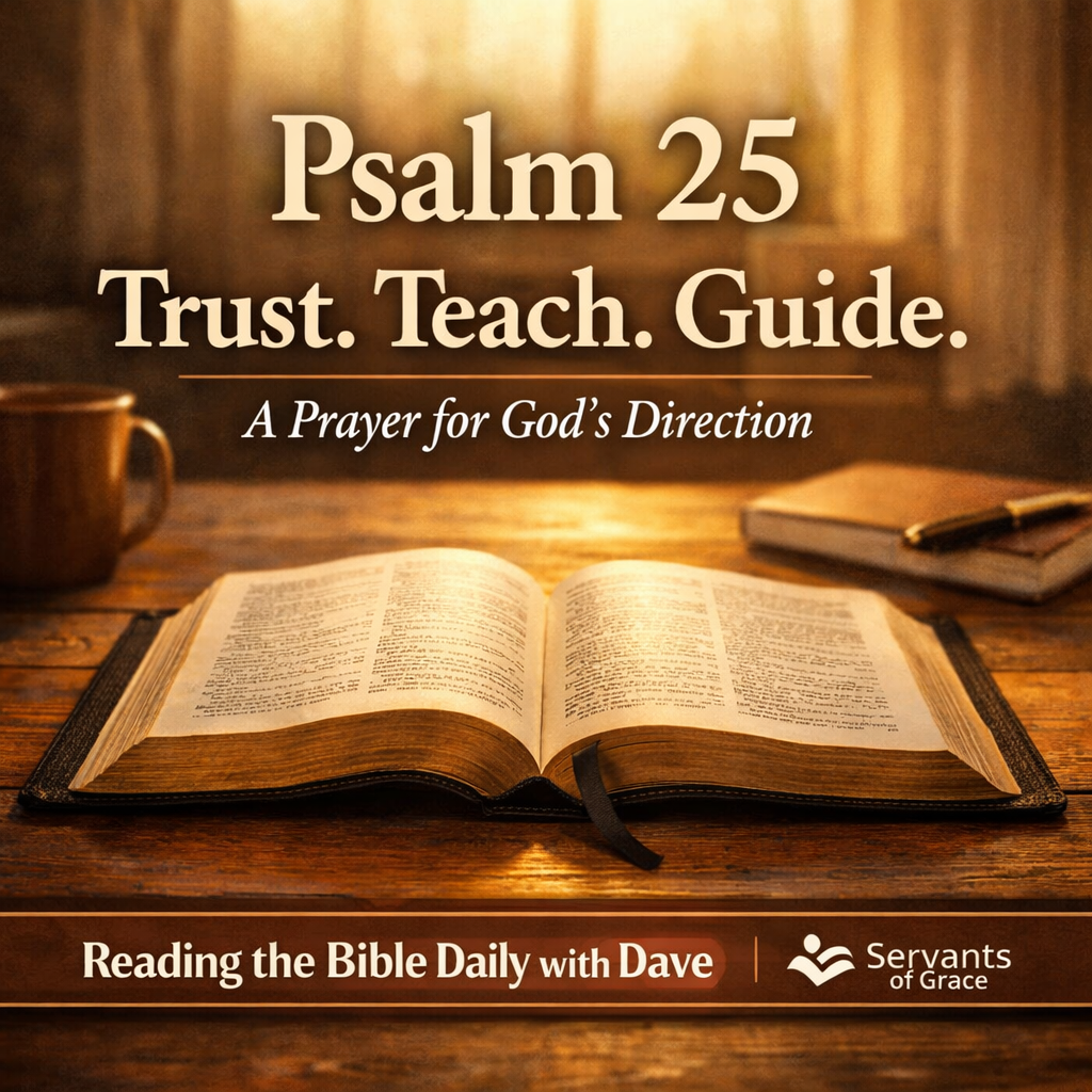 Thumbnail showing an open Bible on a wooden table illuminated by soft morning light. Overlay text reads ‘Psalm 25 – Trust. Teach. Guide.’ with the subtitle ‘A Prayer for God’s Direction.’ A bottom banner reads ‘Reading the Bible Daily with Dave’ and ‘Servants of Grace.