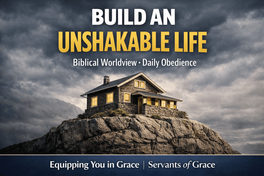 Thumbnail for Equipping You in Grace featuring the words ‘Build an Unshakable Life’ in bold lettering over an image of a sturdy house built on a rocky foundation under a gray, stormy sky, with the subtitle ‘Biblical Worldview • Daily Obedience’ and a bottom bar reading ‘Equipping You in Grace | Servants of Grace.