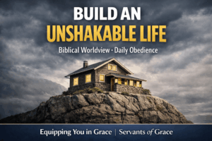 Thumbnail for Equipping You in Grace featuring the words ‘Build an Unshakable Life’ in bold lettering over an image of a sturdy house built on a rocky foundation under a gray, stormy sky, with the subtitle ‘Biblical Worldview • Daily Obedience’ and a bottom bar reading ‘Equipping You in Grace | Servants of Grace.