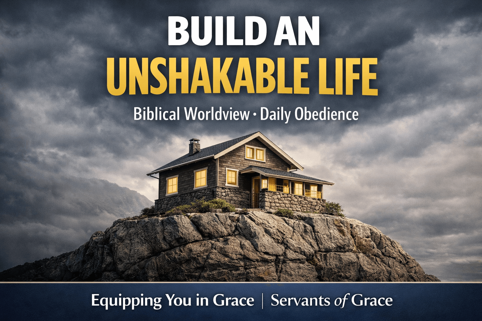 Thumbnail for Equipping You in Grace featuring the words ‘Build an Unshakable Life’ in bold lettering over an image of a sturdy house built on a rocky foundation under a gray, stormy sky, with the subtitle ‘Biblical Worldview • Daily Obedience’ and a bottom bar reading ‘Equipping You in Grace | Servants of Grace.