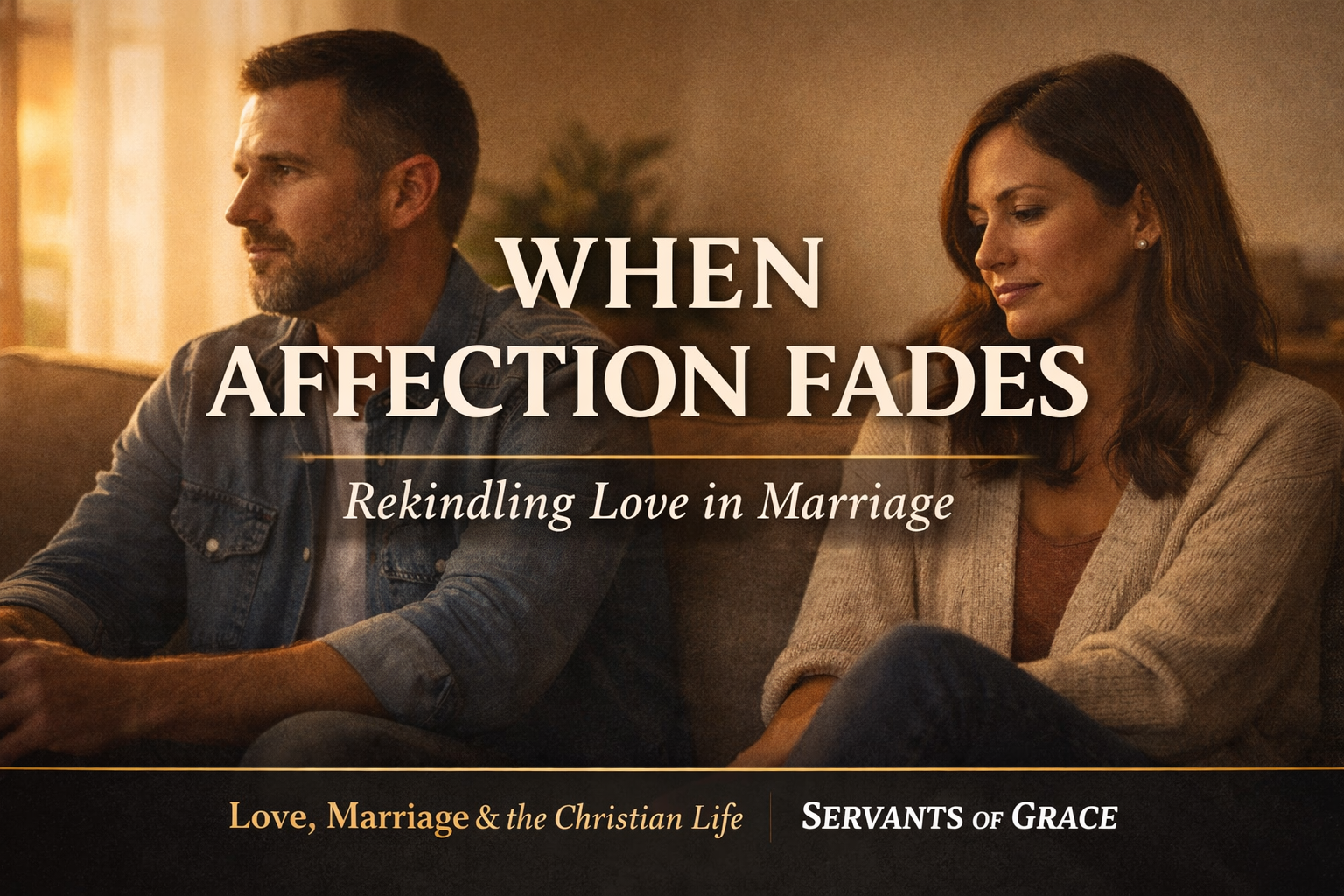 Affection fades in marriage — Christian husband and wife sitting thoughtfully together in warm evening light, reflecting on restoring love through covenant commitment.