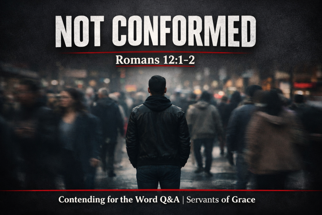 YouTube thumbnail for Contending for the Word Q&A episode titled “Not Conformed” featuring a man standing still in a blurred moving crowd with Romans 12:1–2 and Servants of Grace branding.