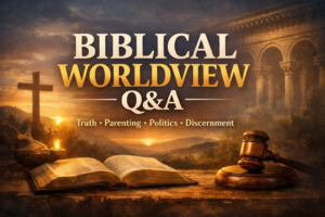 Thumbnail for Equipping You in Grace titled “Biblical Worldview Q&A” with subtext “Truth • Parenting • Politics • Discernment,” featuring an open Bible, a wooden cross at sunset, and a gavel symbolizing public life and justice.