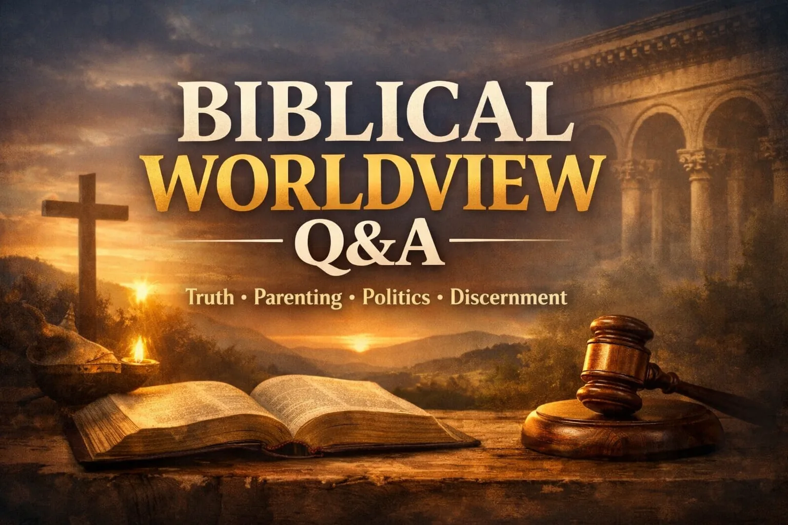 Thumbnail for Equipping You in Grace titled “Biblical Worldview Q&A” with subtext “Truth • Parenting • Politics • Discernment,” featuring an open Bible, a wooden cross at sunset, and a gavel symbolizing public life and justice.