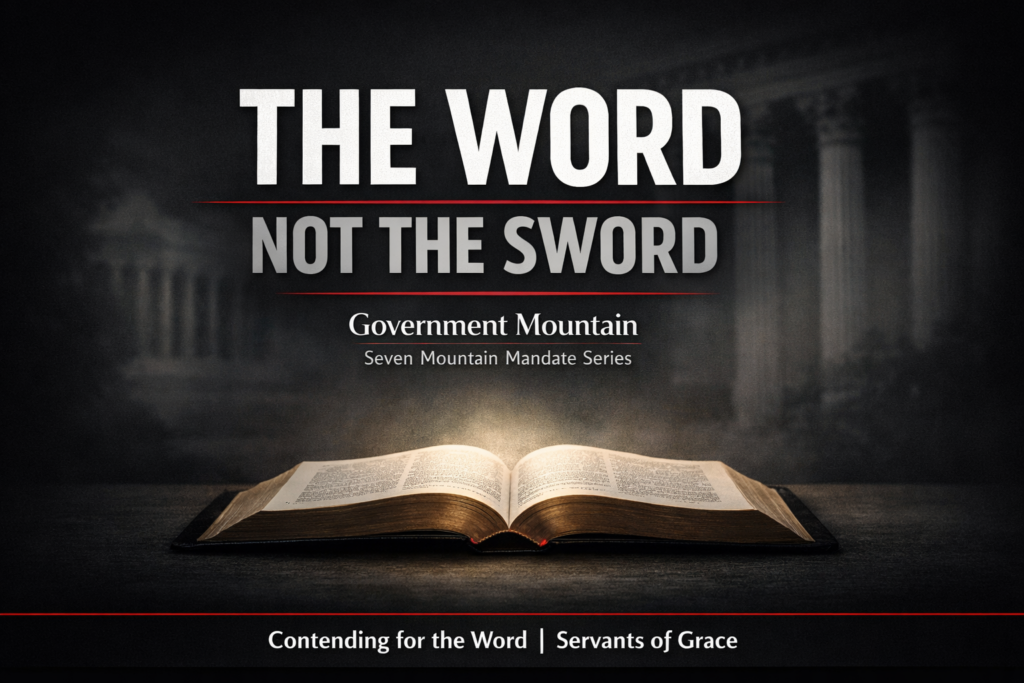 YouTube thumbnail for Contending for the Word titled ‘The Word Not the Sword,’ featuring bold white text over a dark background with a glowing open Bible in the foreground and blurred courthouse columns behind.