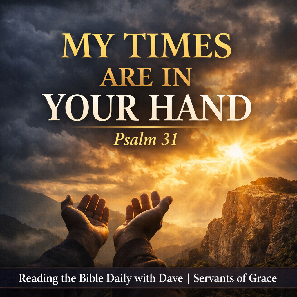 Dark storm clouds breaking into golden sunrise light over a mountain cliff, with open hands raised in prayer in the foreground and the text “My Times Are in Your Hand – Psalm 31 – Reading the Bible Daily with Dave | Servants of Grace.