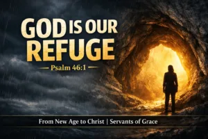 YouTube thumbnail with a dark charcoal storm background and rain falling outside a cave. Warm golden light shines from inside the cave, where a silhouette stands safely at the entrance. Large bold text reads “GOD IS OUR REFUGE” with “Psalm 46:1” beneath it. Bottom bar reads “From New Age to Christ | Servants of Grace.”