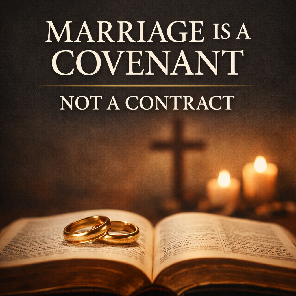 Marriage Is a Covenant Not a Contract thumbnail featuring wedding rings resting on an open Bible with a cross in the background and the Servants of Grace branding, symbolizing biblical covenant marriage grounded in Scripture.