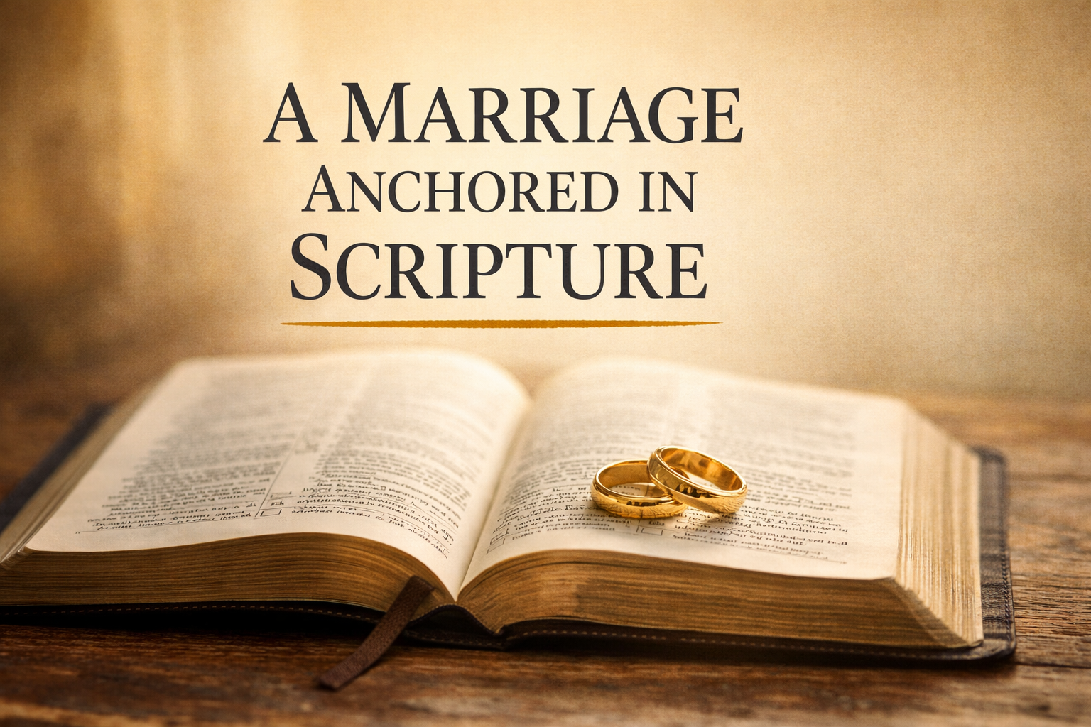A marriage anchored in Scripture with an open Bible and wedding rings resting on its pages, symbolizing biblical authority in Christian marriage.