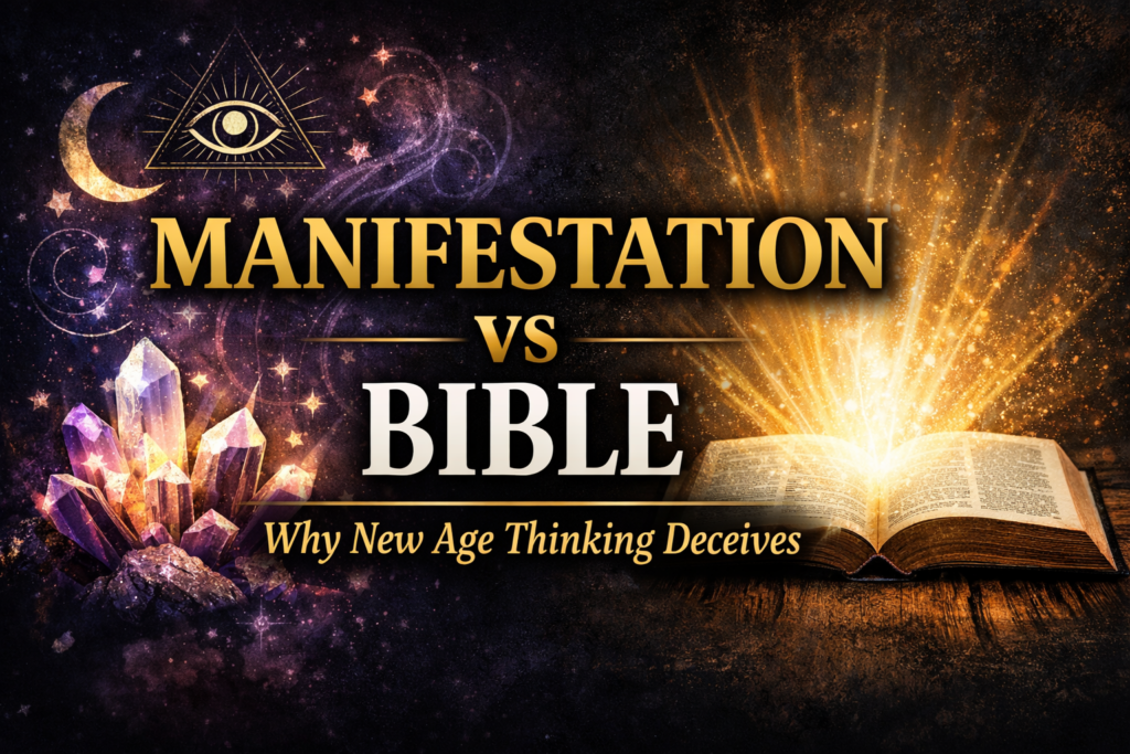 Why Manifestation and the Law of Attraction Contradict Biblical Truth 2 Manifestation vs Bible thumbnail showing New Age symbols contrasted with an open Bible, highlighting why manifestation and New Age thinking contradict biblical truth