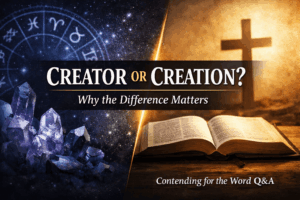 YouTube thumbnail for Contending for the Word Q&A showing a contrast between New Age creation worship (stars and crystals) and biblical Christianity (an open Bible and cross), highlighting the question “Creator or Creation?”
