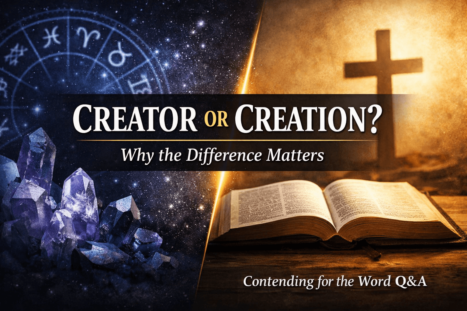YouTube thumbnail for Contending for the Word Q&A showing a contrast between New Age creation worship (stars and crystals) and biblical Christianity (an open Bible and cross), highlighting the question “Creator or Creation?”