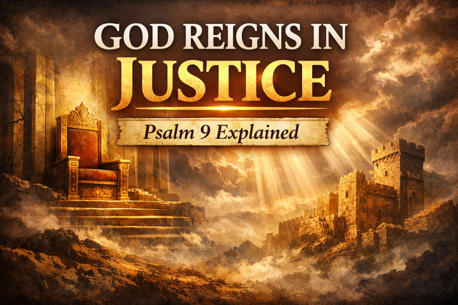 Thumbnail for Reading the Bible Daily with Dave featuring the text “God Reigns in Justice – Psalm 9 Explained” with imagery symbolizing God’s righteous throne, justice, and refuge for the oppressed.