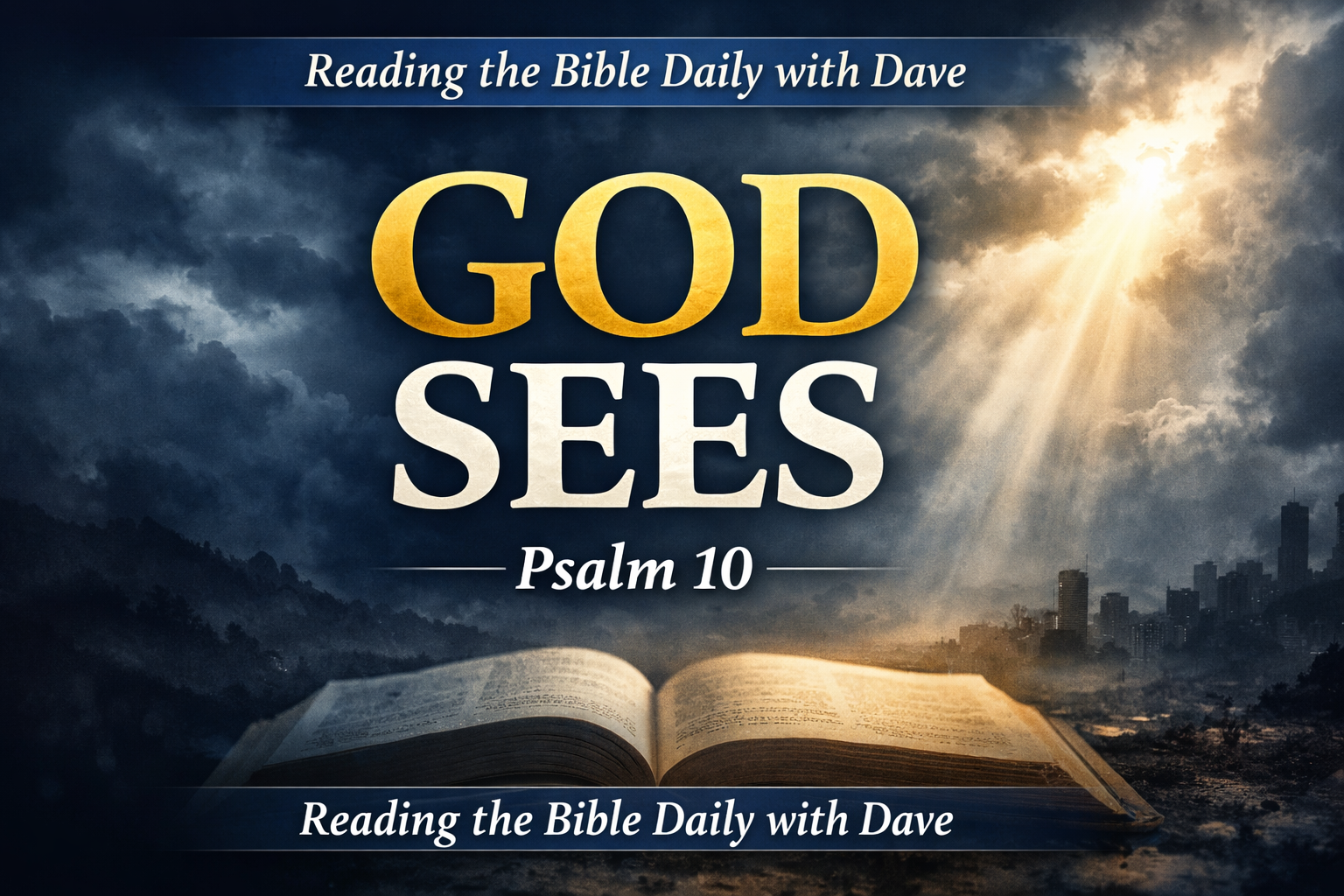 Open Bible under dark storm clouds with light breaking through, city skyline in the distance, and large overlay text reading “GOD SEES — Psalm 10 — Reading the Bible Daily with Dave.”