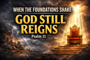 Stormy landscape with lightning and collapsing buildings on the left, contrasted with a radiant golden throne under a beam of light on the right, with bold text reading: “WHEN THE FOUNDATIONS SHAKE — GOD STILL REIGNS — Psalm 11.