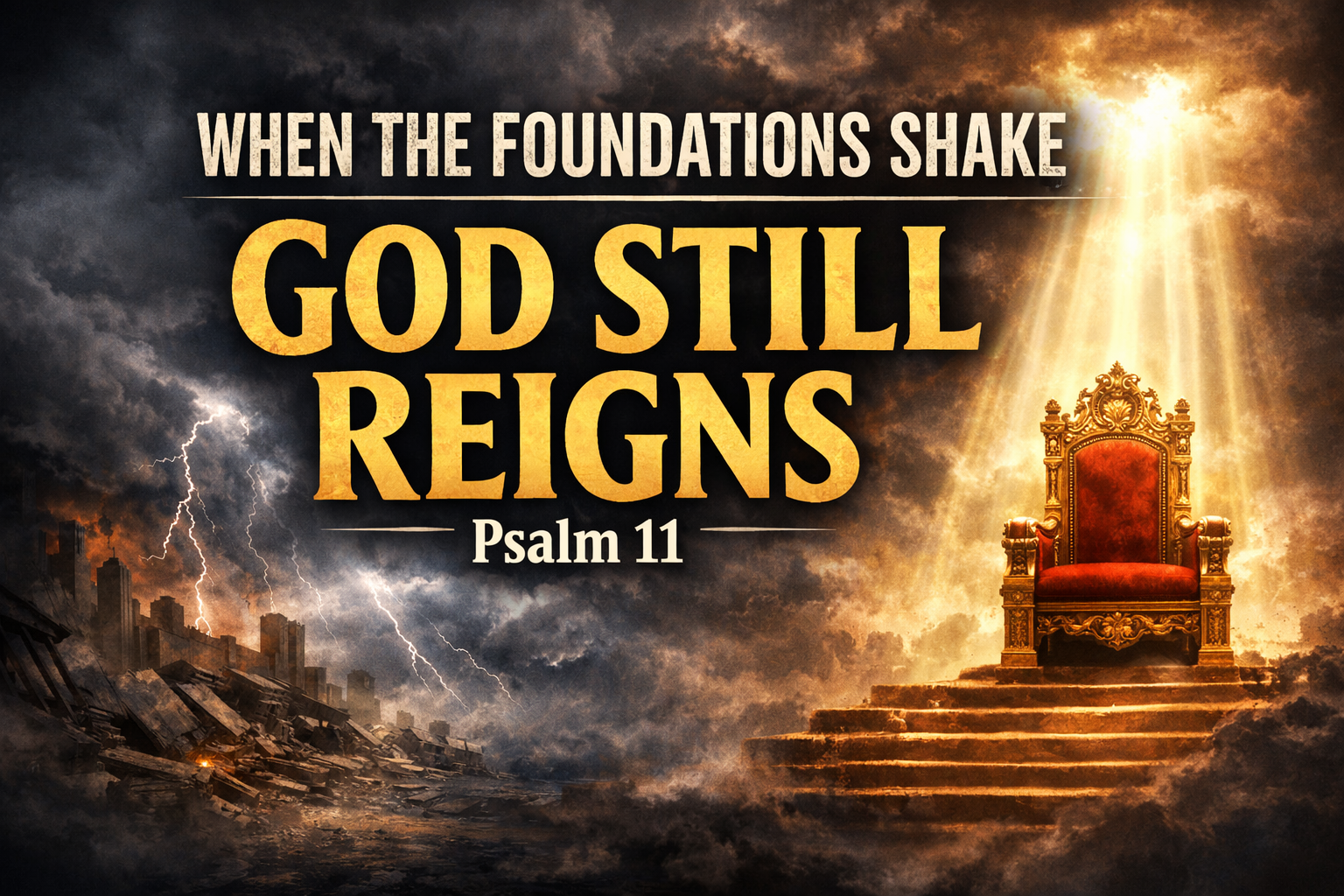 Stormy landscape with lightning and collapsing buildings on the left, contrasted with a radiant golden throne under a beam of light on the right, with bold text reading: “WHEN THE FOUNDATIONS SHAKE — GOD STILL REIGNS — Psalm 11.