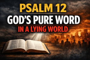 Thumbnail for Reading the Bible Daily with Dave on Psalm 12 showing an open Bible under a beam of light with bold text reading “Psalm 12 — God’s Pure Word in a Lying World” against a dark city background.